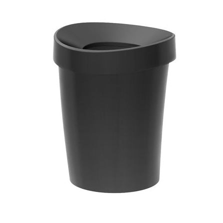 Black, modern trash bin with a sleek, curved design and textured surface. Perfect for contemporary spaces.