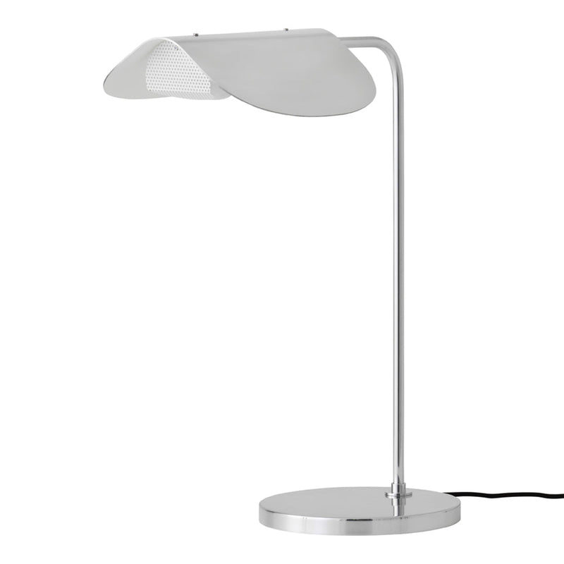 Sleek chrome table lamp with a curved silver shade and a circular base. Modern design with a minimalist aesthetic.