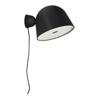 Black wall lamp with a sleek, matte finish and a contrasting white interior, perfect for modern decor.
