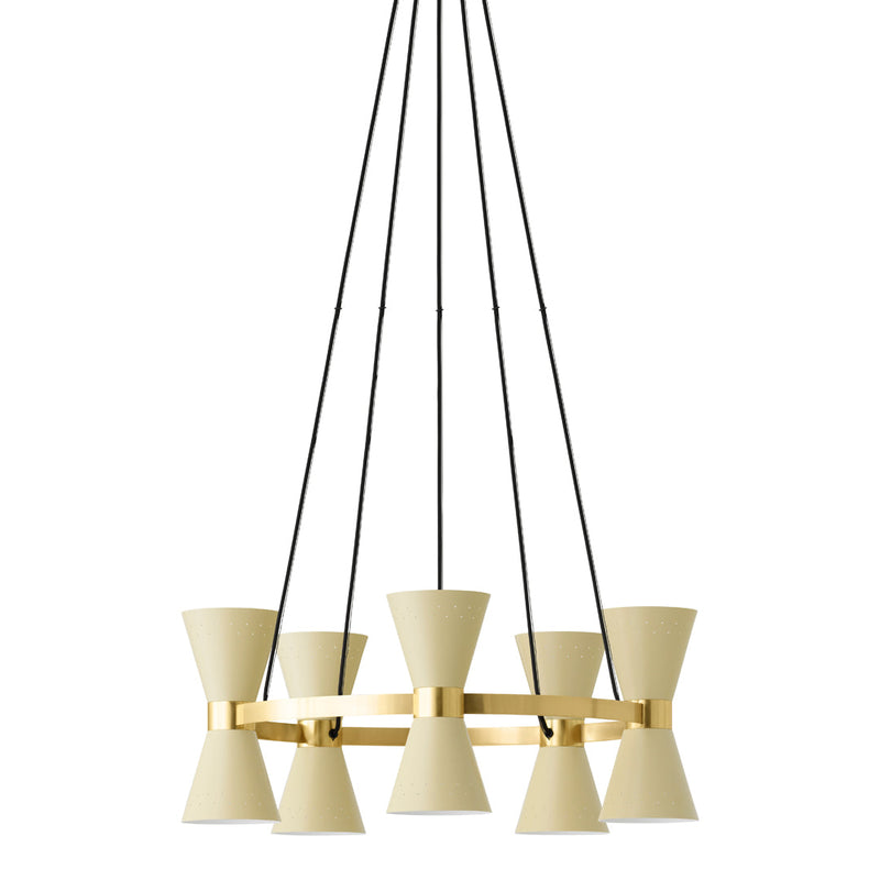 Elegant cream-colored chandelier with gold accents and a modern, geometric pattern. Ideal for stylish interiors.