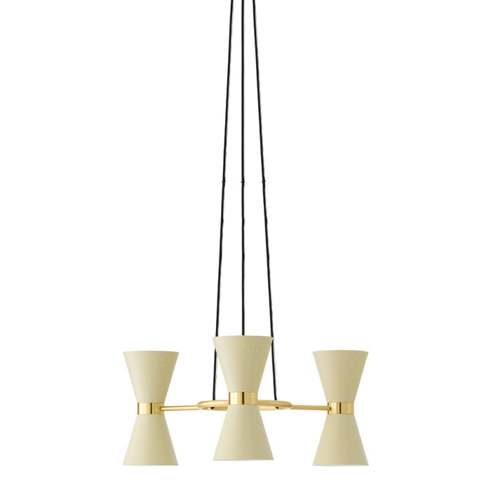 Cream cone-shaped lamps with gold accents and sleek black cords, offering a modern and elegant design.