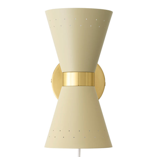 Cream-colored conical wall lamp with perforated pattern and a sleek gold band accent. Modern design for stylish interiors.