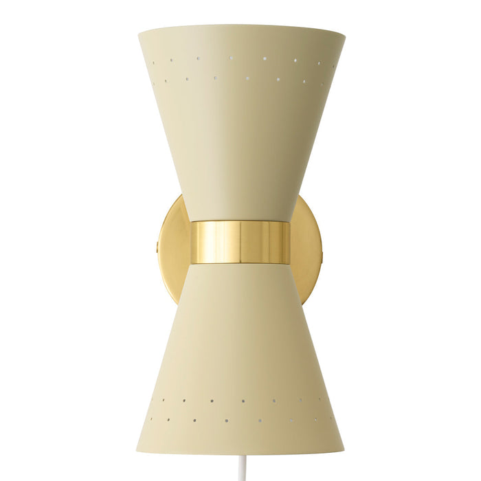 Cream-colored conical wall lamp with perforated pattern and a sleek gold band accent. Modern design for stylish interiors.