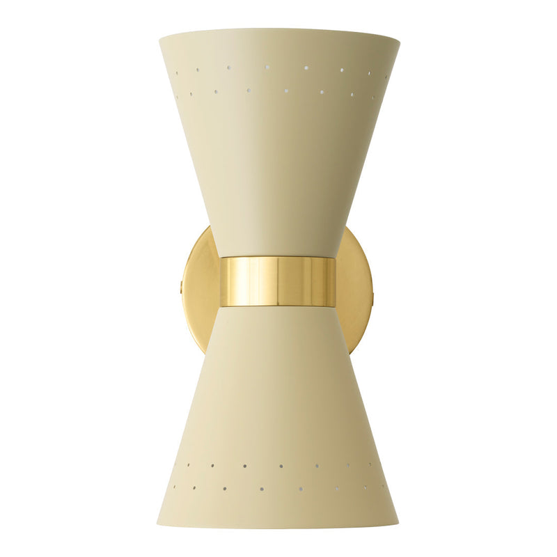 Contemporary beige wall sconce with gold accents, featuring a modern hourglass shape and perforated pattern.