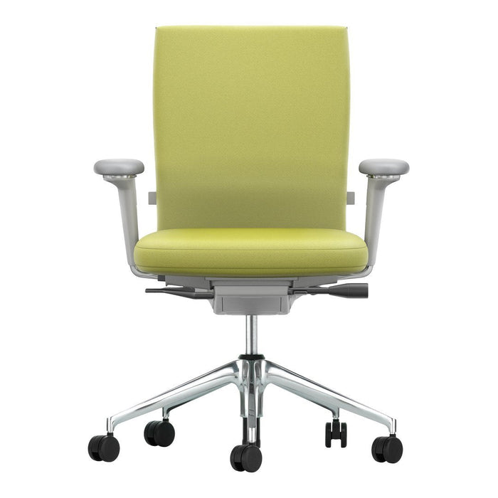 Light green ergonomic office chair with a sleek design and subtle patterns. Features a chrome base and rolling casters.
