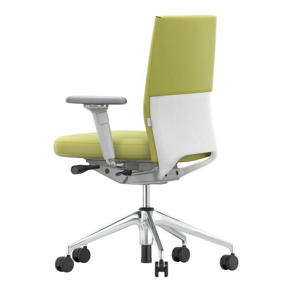 Back view of a modern office chair featuring a vibrant lime green seat and light gray-white backrest with a sleek design.