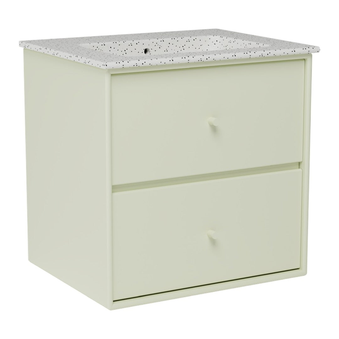 Light green storage cabinet with a speckled white countertop and two smooth drawers, perfect for a modern aesthetic.