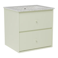 Light green storage cabinet with a speckled white countertop and two smooth drawers, perfect for a modern aesthetic.
