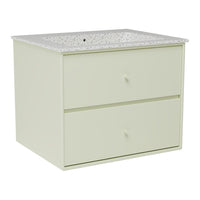 Light green cabinet with a speckled white countertop and two smooth drawers, ideal for modern decor.