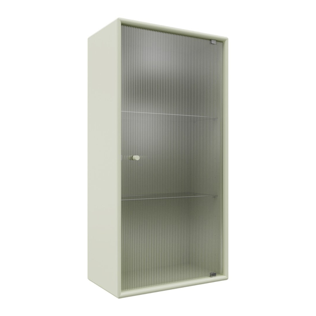 Light gray storage cabinet with sleek, minimalist design and a clear glass front. Features ribbed pattern on the glass.