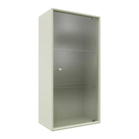 Light gray storage cabinet with sleek, minimalist design and a clear glass front. Features ribbed pattern on the glass.