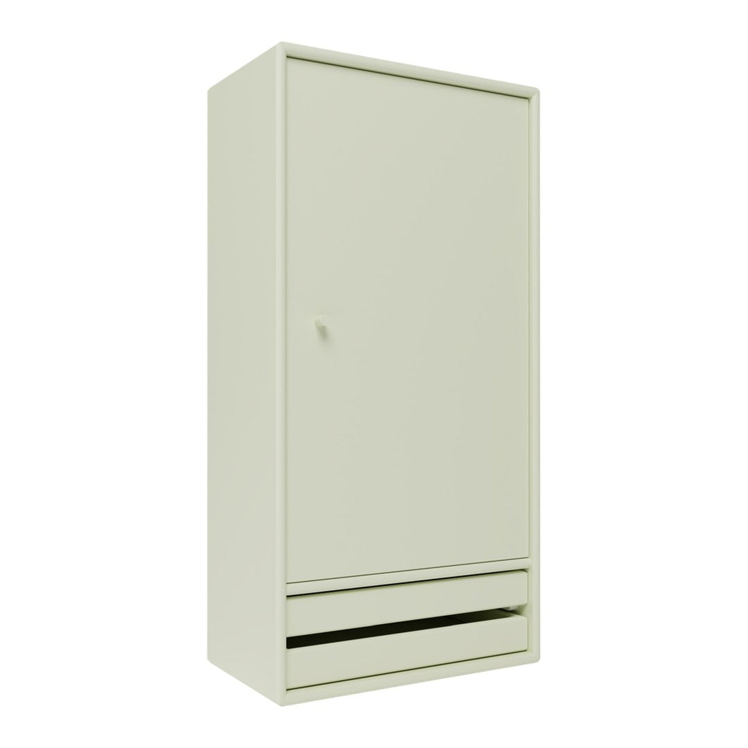 Light green wardrobe with a minimalist design and smooth surface, featuring a single drawer at the bottom.
