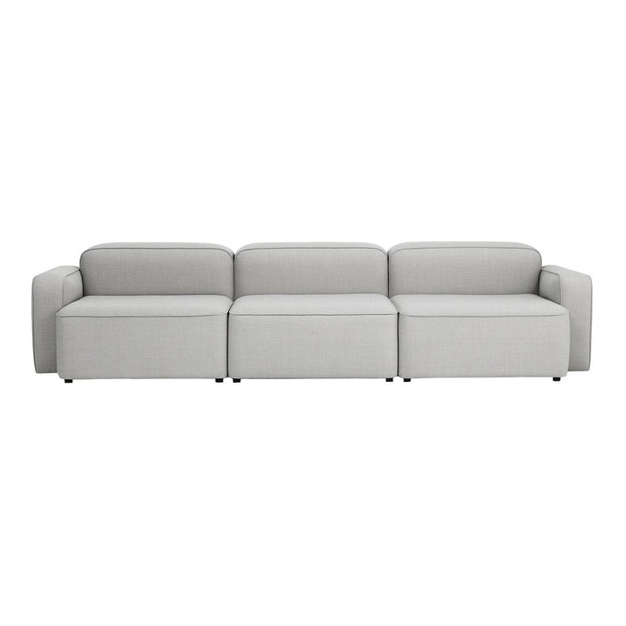 Light gray sofa with a sleek, modern design and smooth, textured fabric. Perfect for minimalist decor.