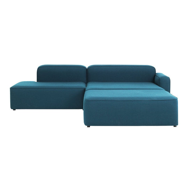 Modern teal sectional sofa with a sleek design and solid color, perfect for contemporary living spaces.