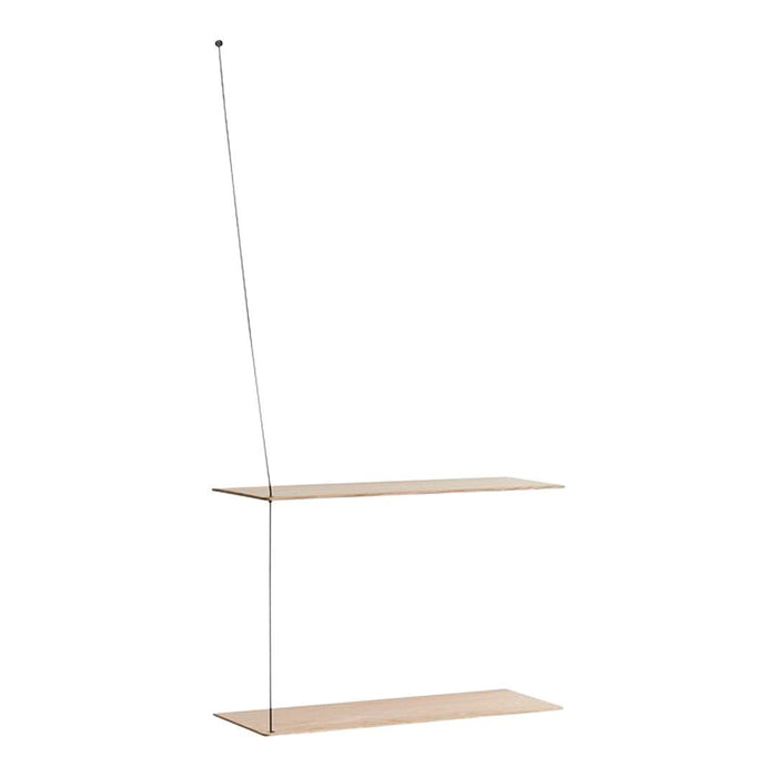Minimalist wood shelves with a light natural finish, featuring a sleek, suspended design and clean lines.