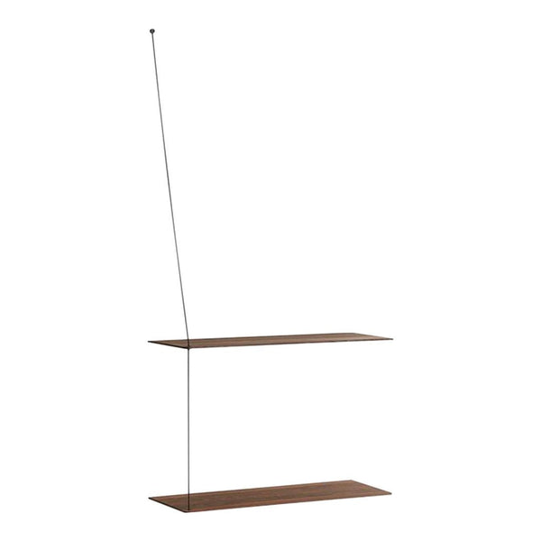 Floating shelf in rich brown wood with a sleek black suspension wire, minimalist design for modern decor.