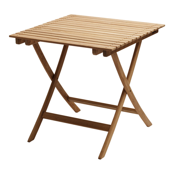Natural wood folding table with a slatted top and warm brown tones, ideal for outdoor settings.