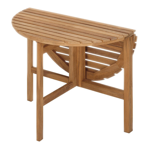 Light brown wooden table with a slatted design and curved edges, perfect for indoor or outdoor use.