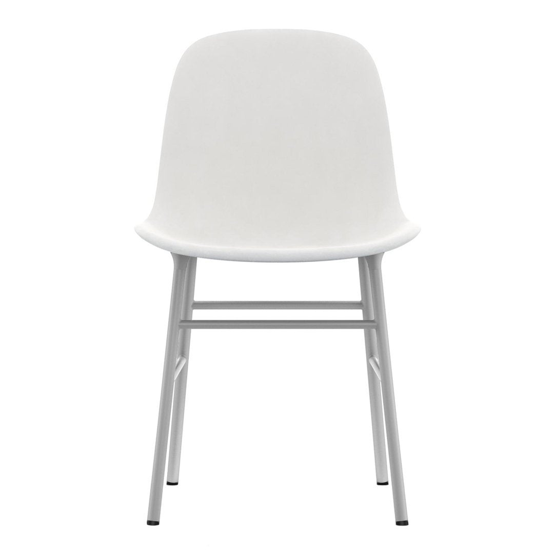 White ergonomic chair with sleek silver legs, featuring a minimalist design and smooth surface. Ideal for modern decor.
