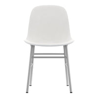 White ergonomic chair with sleek silver legs, featuring a minimalist design and smooth surface. Ideal for modern decor.