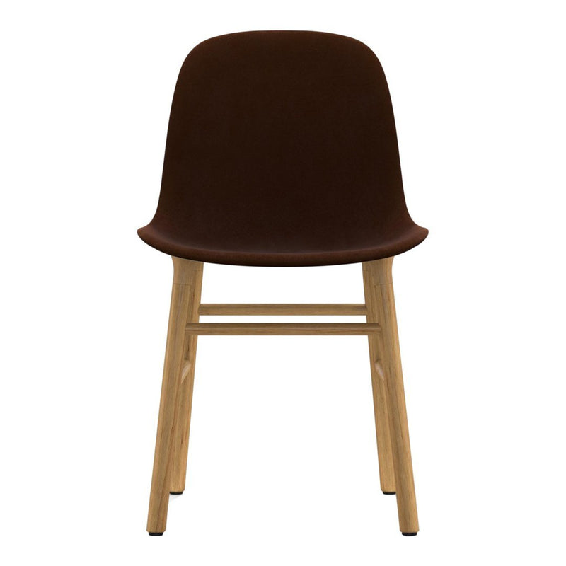 Brown upholstered chair with a sleek, modern design and light wooden legs. Ideal for any contemporary space.