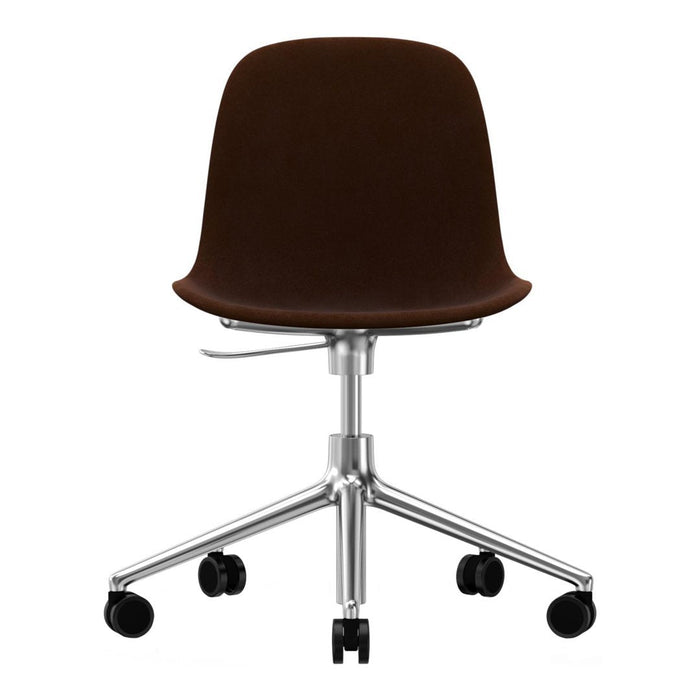 Brown upholstered office chair with a sleek chrome base and smooth, minimalist design. Perfect for modern spaces.
