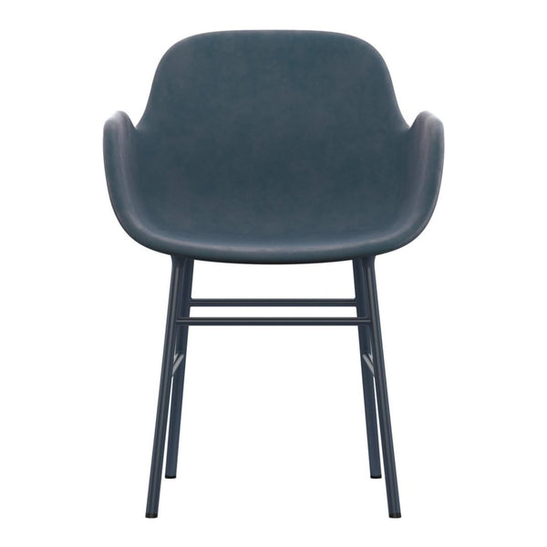 Soft navy blue chair with smooth, curved contours and minimalist black legs, perfect for modern decor.