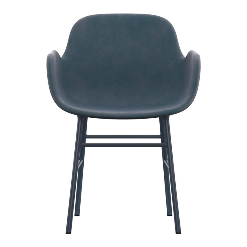 Soft navy blue chair with smooth, curved contours and minimalist black legs, perfect for modern decor.