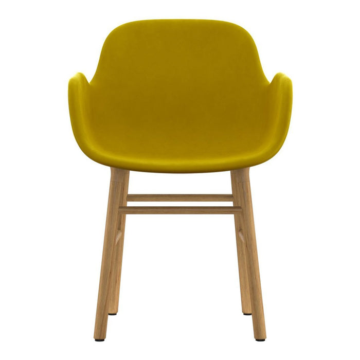 Bright yellow upholstered chair with smooth curves and natural wood legs, perfect for modern decor.