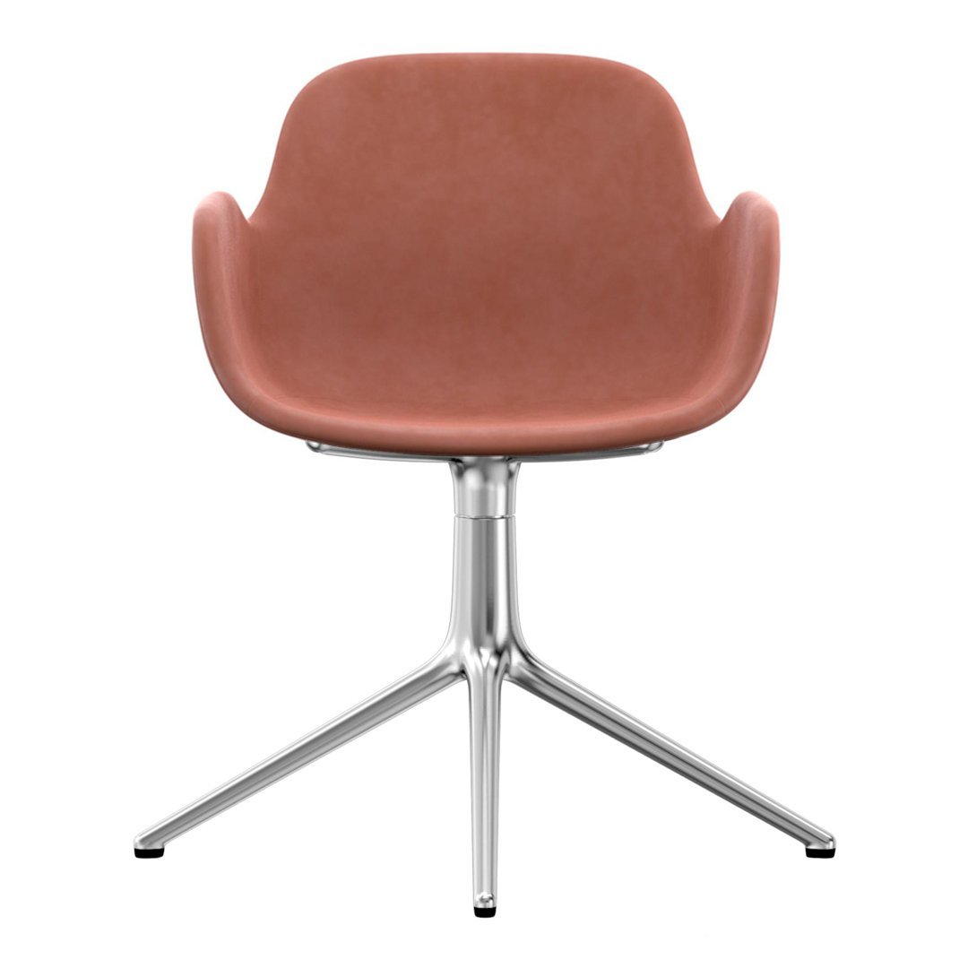 Rust-colored upholstered chair with a sleek silver metallic base, featuring a smooth, modern design.