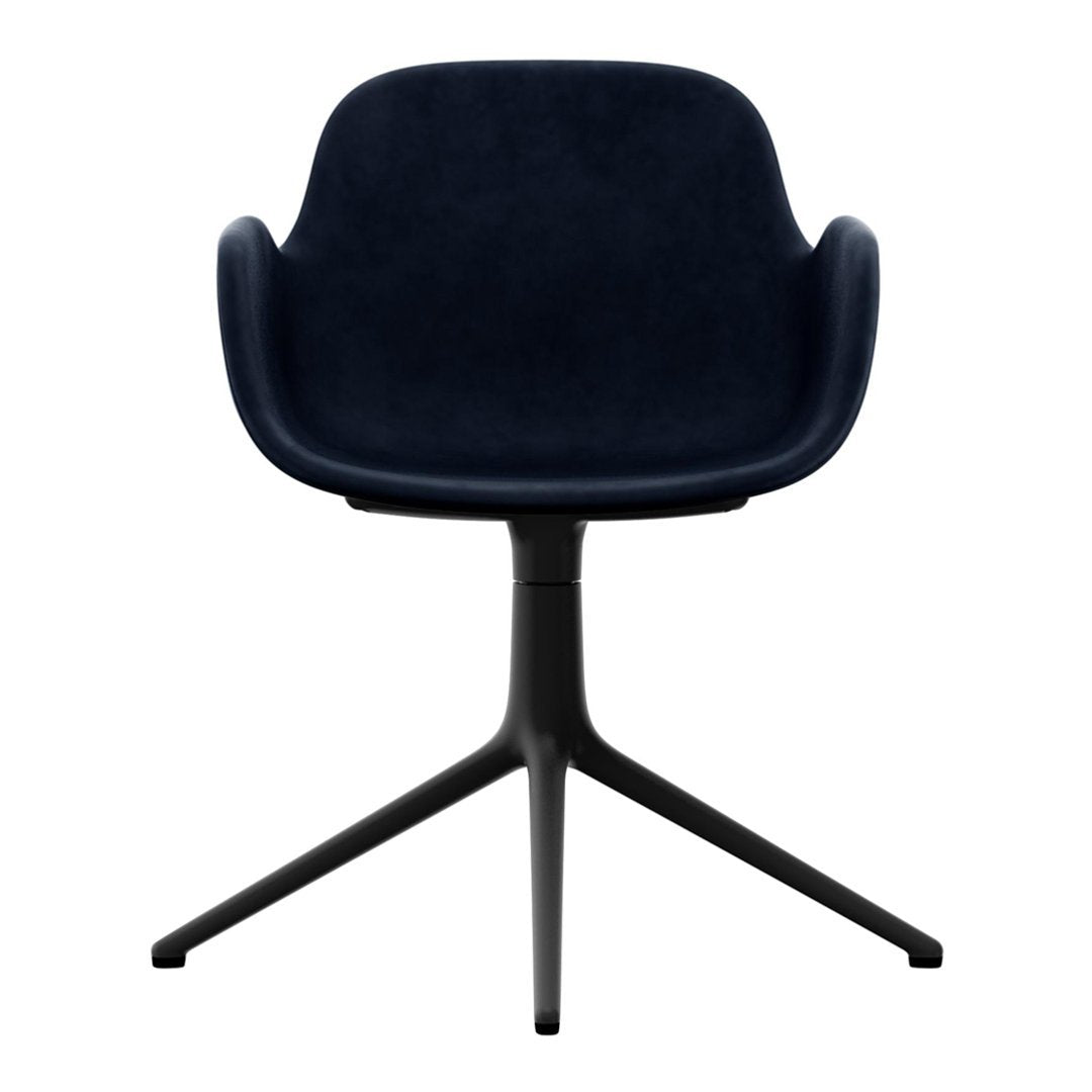 Navy blue upholstered chair with a sleek black base, featuring a smooth, modern design and no visible patterns.