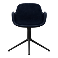 Navy blue upholstered chair with a sleek black base, featuring a smooth, modern design and no visible patterns.