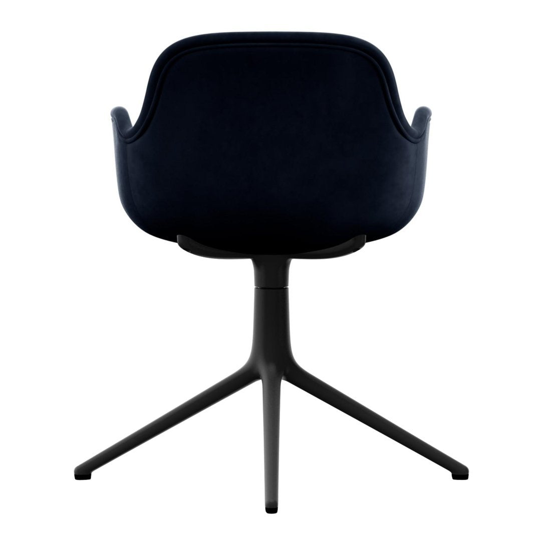 Navy blue velvet chair with a sleek design and a black tripod base, showcasing modern elegance.