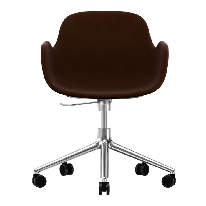 Brown upholstered chair with a sleek, modern design and metallic base, featuring five black wheels for mobility.