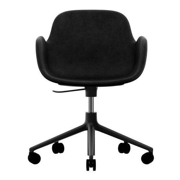 Sleek black ergonomic office chair with a smooth, curved design and subtle texture. Perfect for modern workspaces.