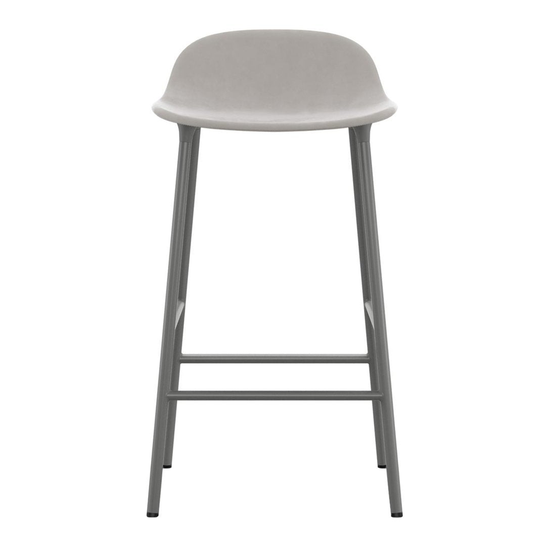 Modern grey bar stool with a smooth, minimalist design and contrasting silver legs. Ideal for contemporary spaces.