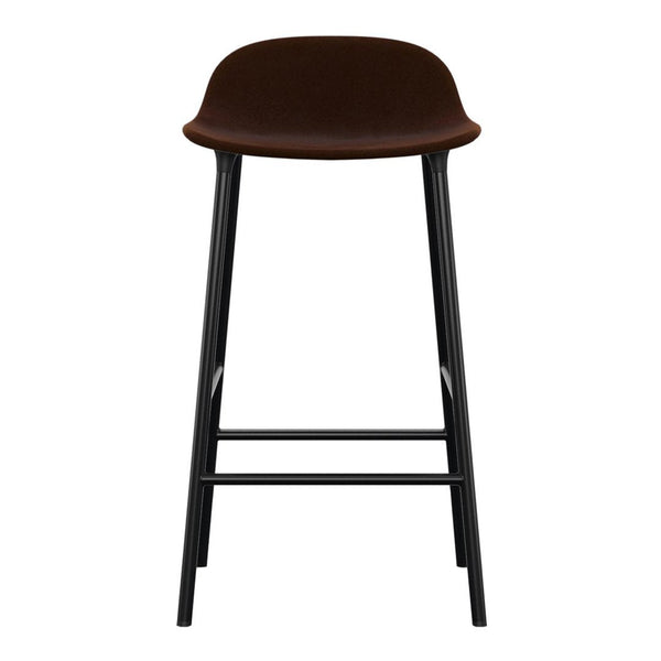 Brown upholstered stool with sleek black legs, featuring a smooth, modern design. Perfect for contemporary spaces.