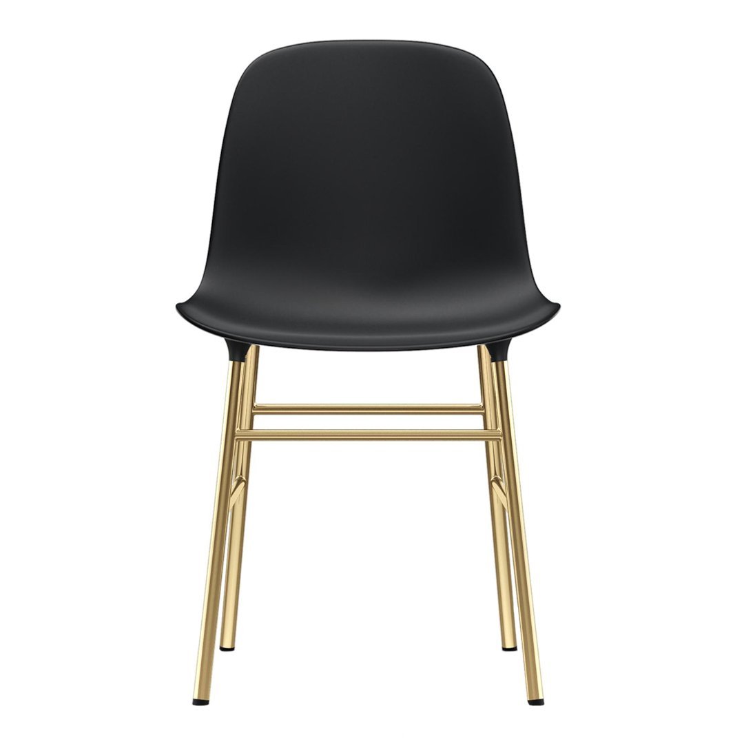Black chair with a smooth surface and sleek gold legs, featuring a modern, minimalist design.