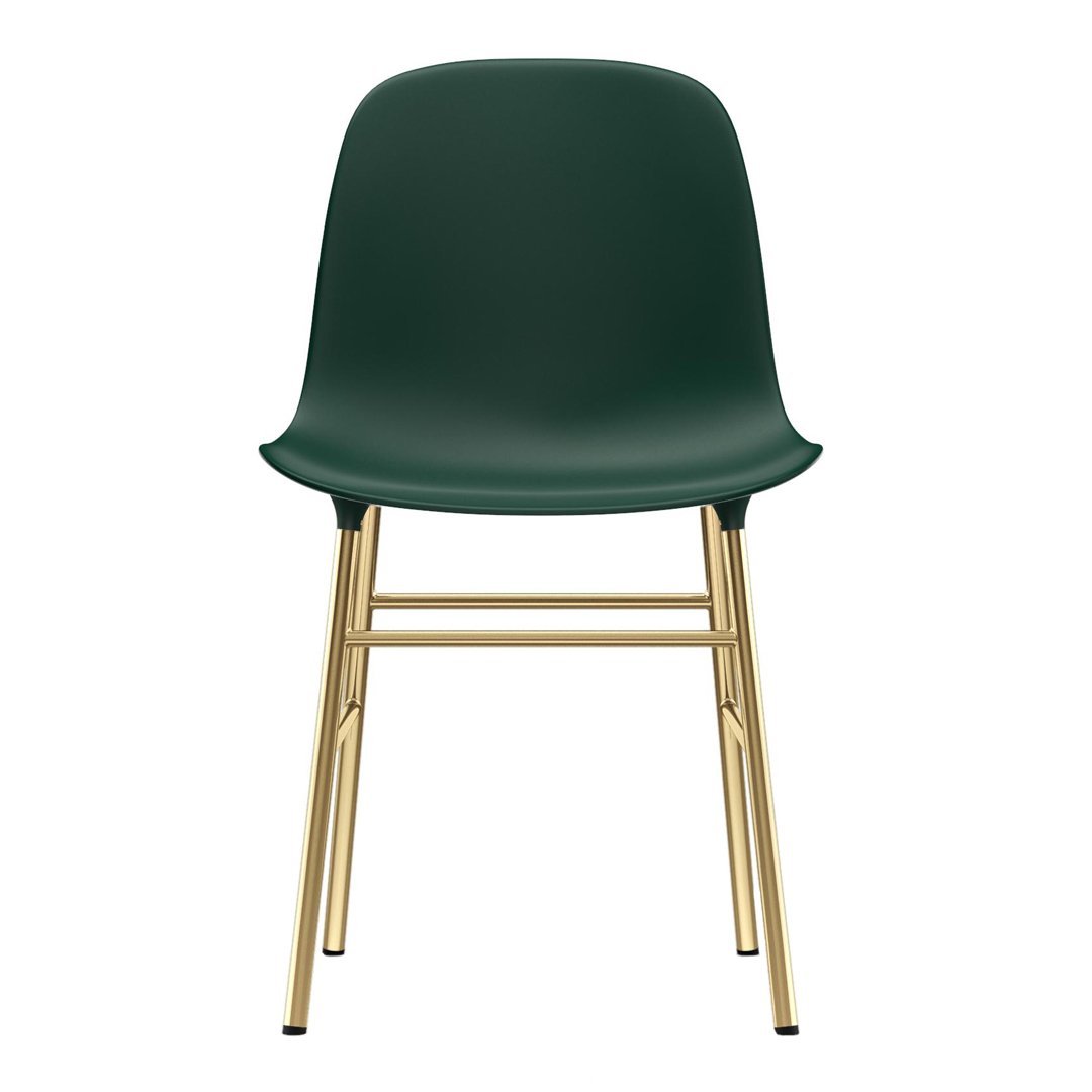 Green chair with a smooth finish and sleek gold metal legs, offering a modern and stylish design.