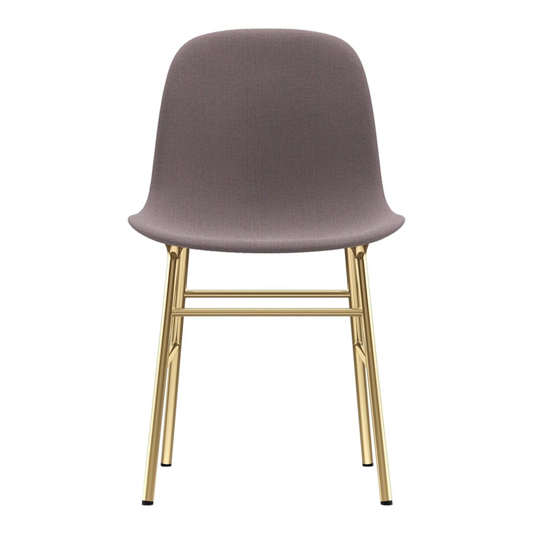 Front view of a sleek, gray upholstered chair with a smooth finish and gold metal legs.