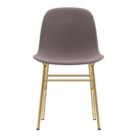 Front view of a sleek, gray upholstered chair with a smooth finish and gold metal legs.