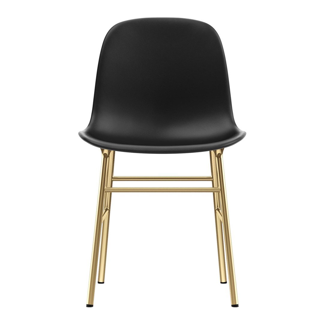 Black chair with a sleek molded seat and gold metal legs, offering a modern and minimalist design.