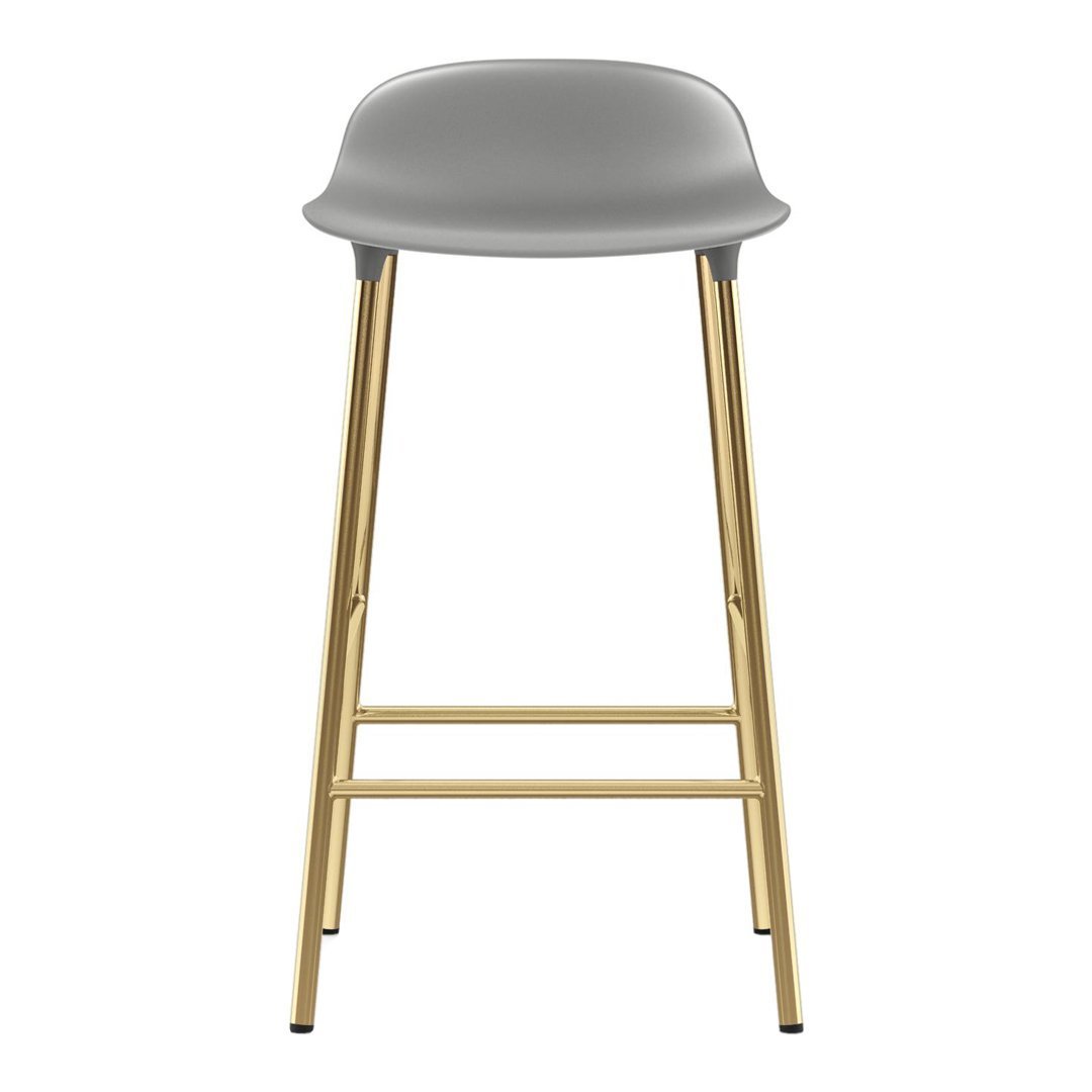 Gray padded stool with sleek gold legs, perfect for modern decor. Minimalist design complements any setting.
