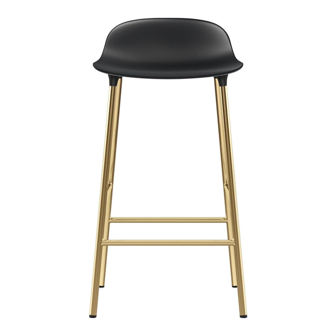 Black bar stool with a sleek, curved seat and elegant gold metal legs. Modern minimalistic design.