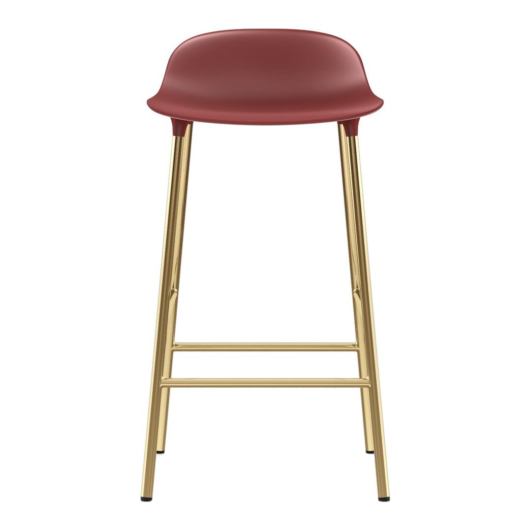 Red bar stool with a smooth finish and gold metal legs, featuring a minimalist design. Perfect for modern decor.
