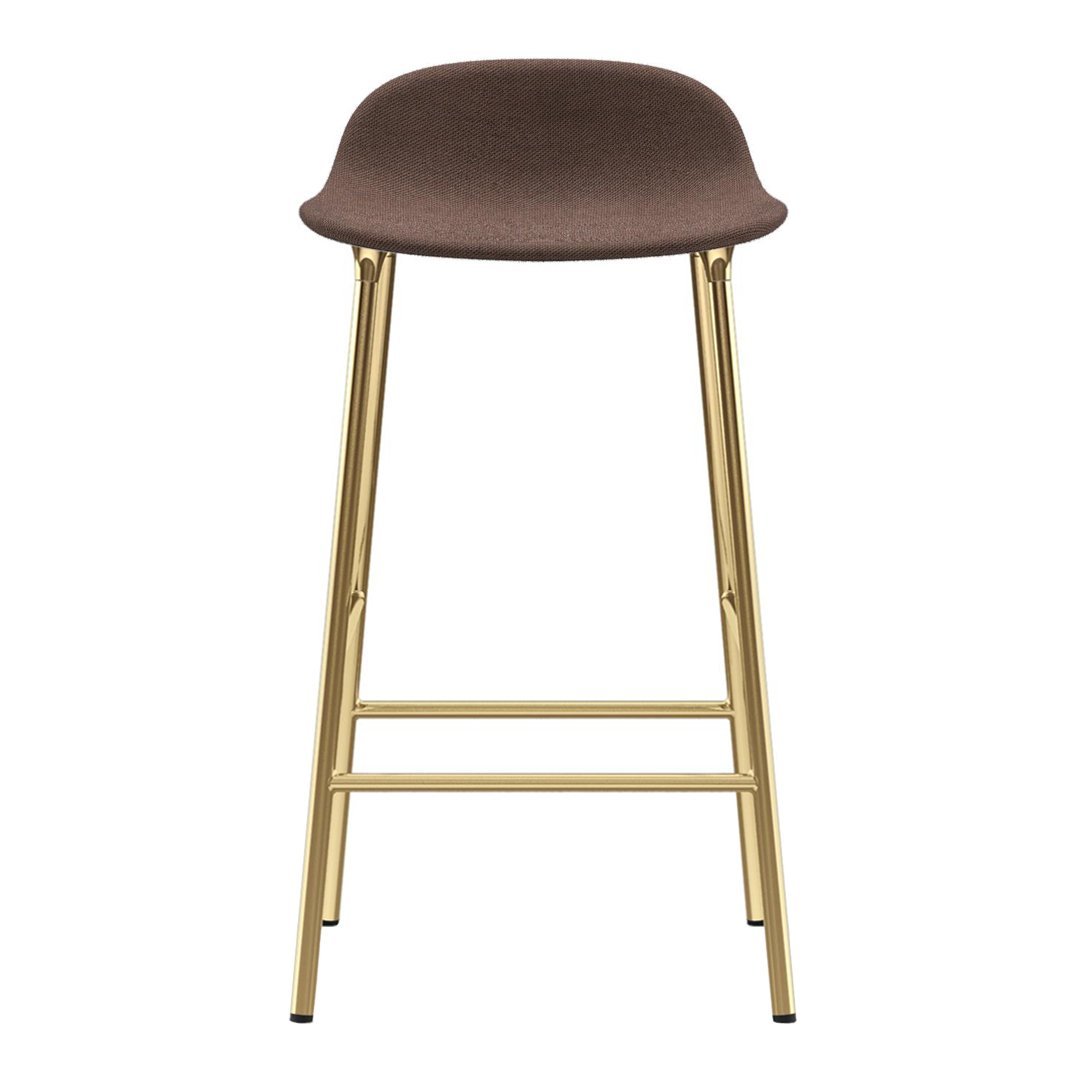 Brown upholstered bar stool with sleek gold metal legs, perfect for modern decor.