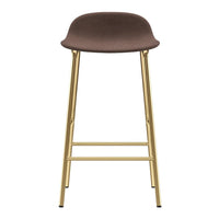 Brown upholstered bar stool with sleek gold metal legs, perfect for modern decor.