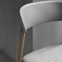 Gray chair with a smooth plastic back, wooden legs, and a textured gray fabric seat against a muted background.