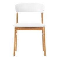 White chair with a minimalistic design and light wood legs, featuring a smooth, clean aesthetic.