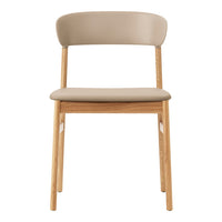 Neutral beige chair with a smooth padded seat and a light wood frame, showcasing minimalist design and soft tones.